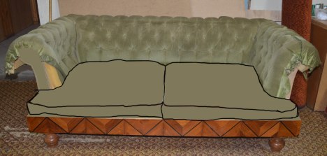 Sofa after reinfishing wood front inalys and extending the front of the sofa forward to make it more comfortable.
